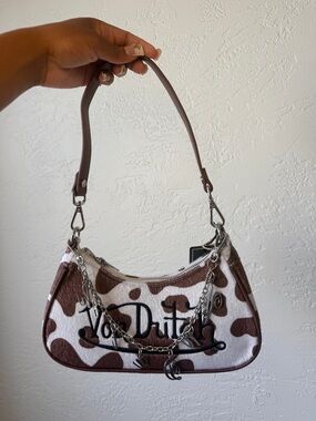 Von Dutch Brown and White Cow-Print Shoulder Bag with Chain Accent